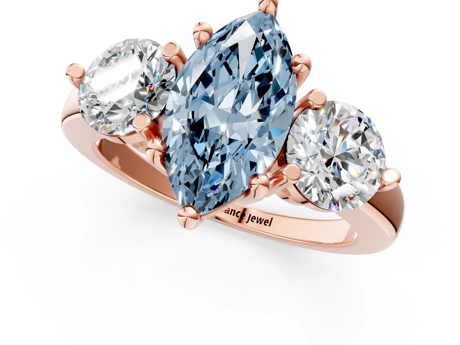 Rose gold Three-Stone Fancy Blue Marquise  Brilliant Cut Solitaire Ring with Prong Setting on a Classic Band