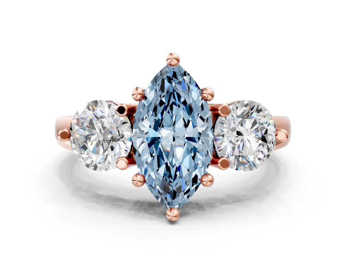 Rose gold Three-Stone Fancy Blue Marquise  Brilliant Cut Solitaire Ring with Prong Setting on a Classic Band