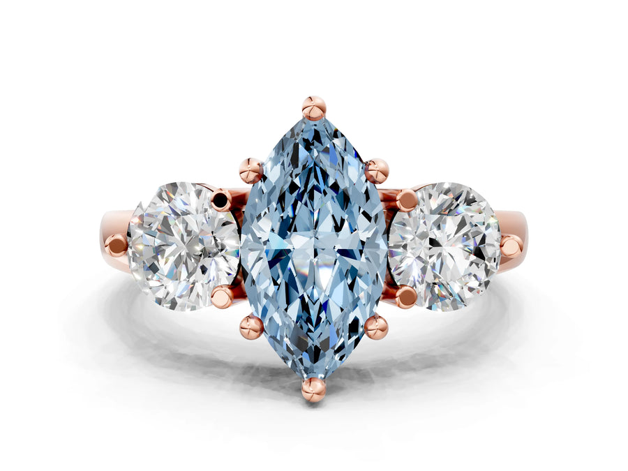 Rose gold Three-Stone Fancy Blue Marquise  Brilliant Cut Solitaire Ring with Prong Setting on a Classic Band