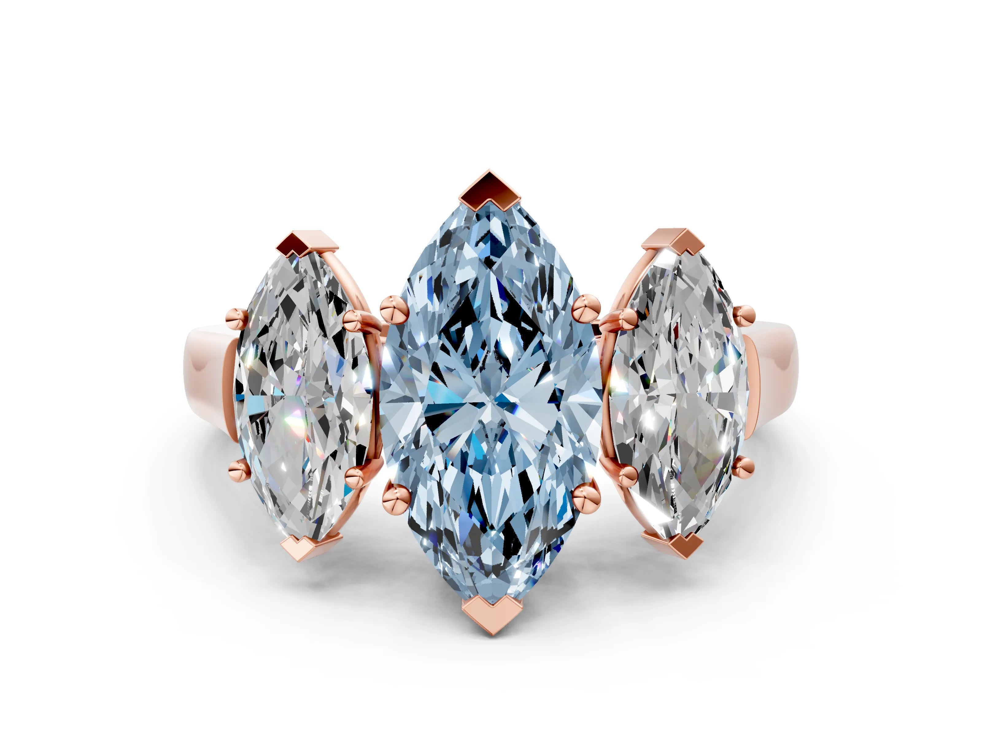Rose gold Three-Stone Fancy Blue Marquise Cut Brilliant Diamond Trellis Ring with Comfort Fit Band