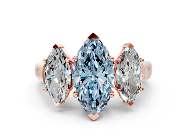 Rose gold Three-Stone Fancy Blue Marquise Cut Brilliant Diamond Trellis Ring with Comfort Fit Band