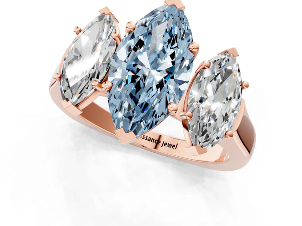 Rose gold Three-Stone Fancy Blue Marquise Cut Brilliant Diamond Trellis Ring with Comfort Fit Band