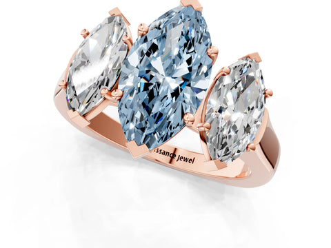 Rose gold Three-Stone Fancy Blue Marquise Cut Brilliant Diamond Trellis Ring with Comfort Fit Band_1