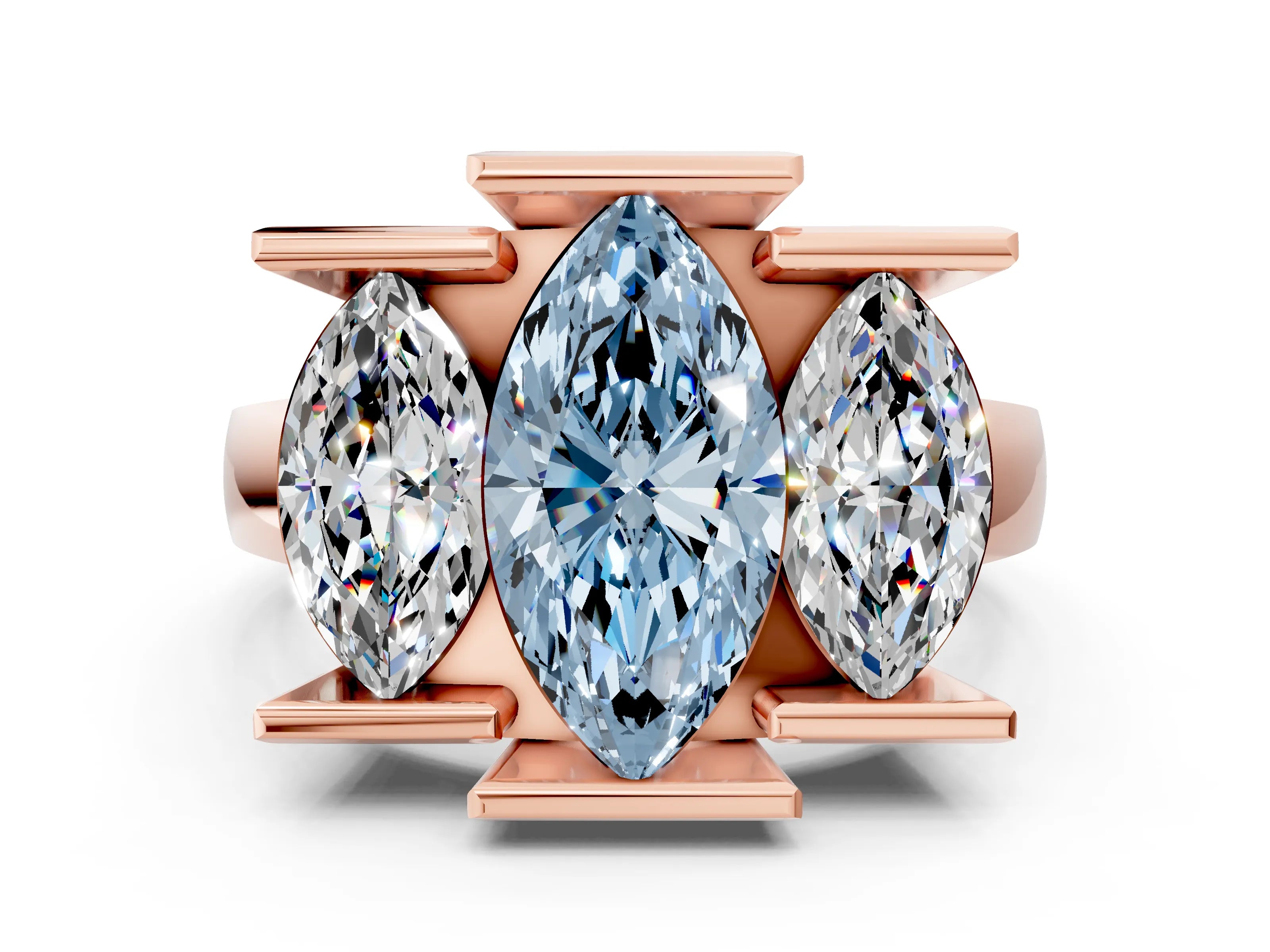 Rose gold Three Stone Fancy Blue Marquise Cut Cut Channel Set Diamond Ring