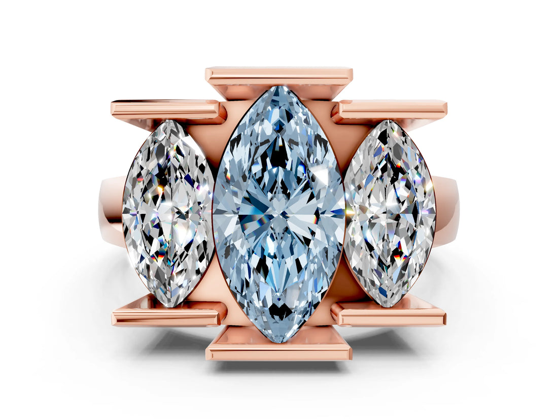 Rose gold Three Stone Fancy Blue Marquise Cut Cut Channel Set Diamond Ring