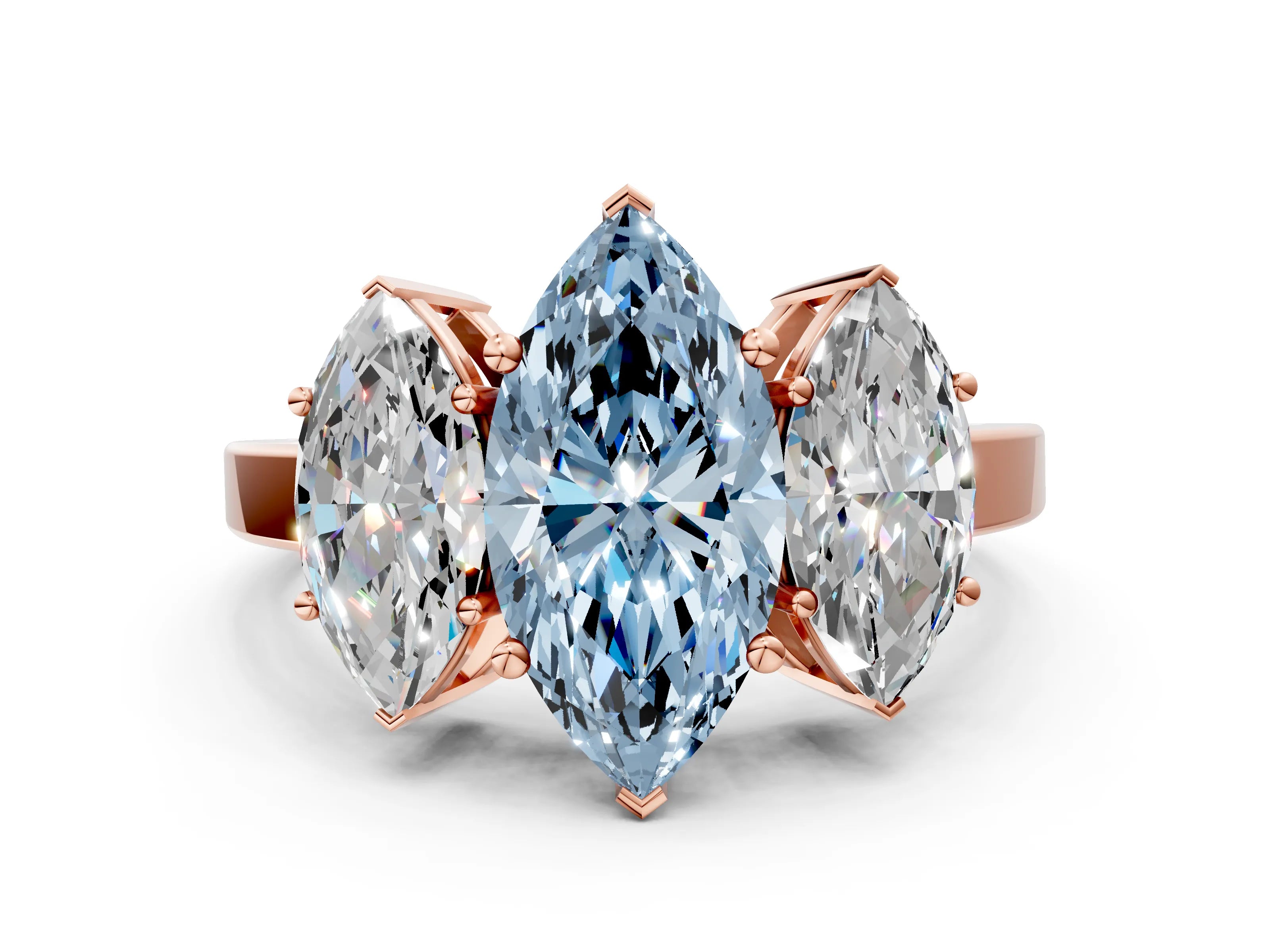 Rose gold Three-Stone Fancy Blue Marquise Cut Cut Diamond Engagement Ring with Flat Band and Four-Prong Setting