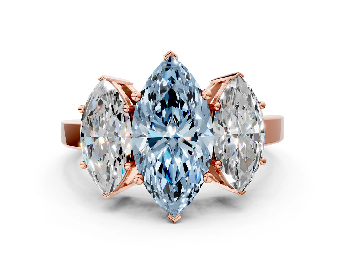 Rose gold Three-Stone Fancy Blue Marquise Cut Cut Diamond Engagement Ring with Flat Band and Four-Prong Setting