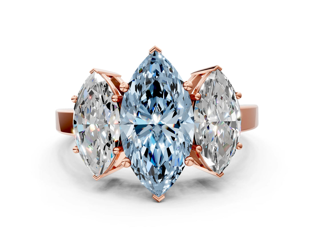 Rose gold Three-Stone Fancy Blue Marquise Cut Cut Diamond Engagement Ring with Flat Band and Four-Prong Setting_12