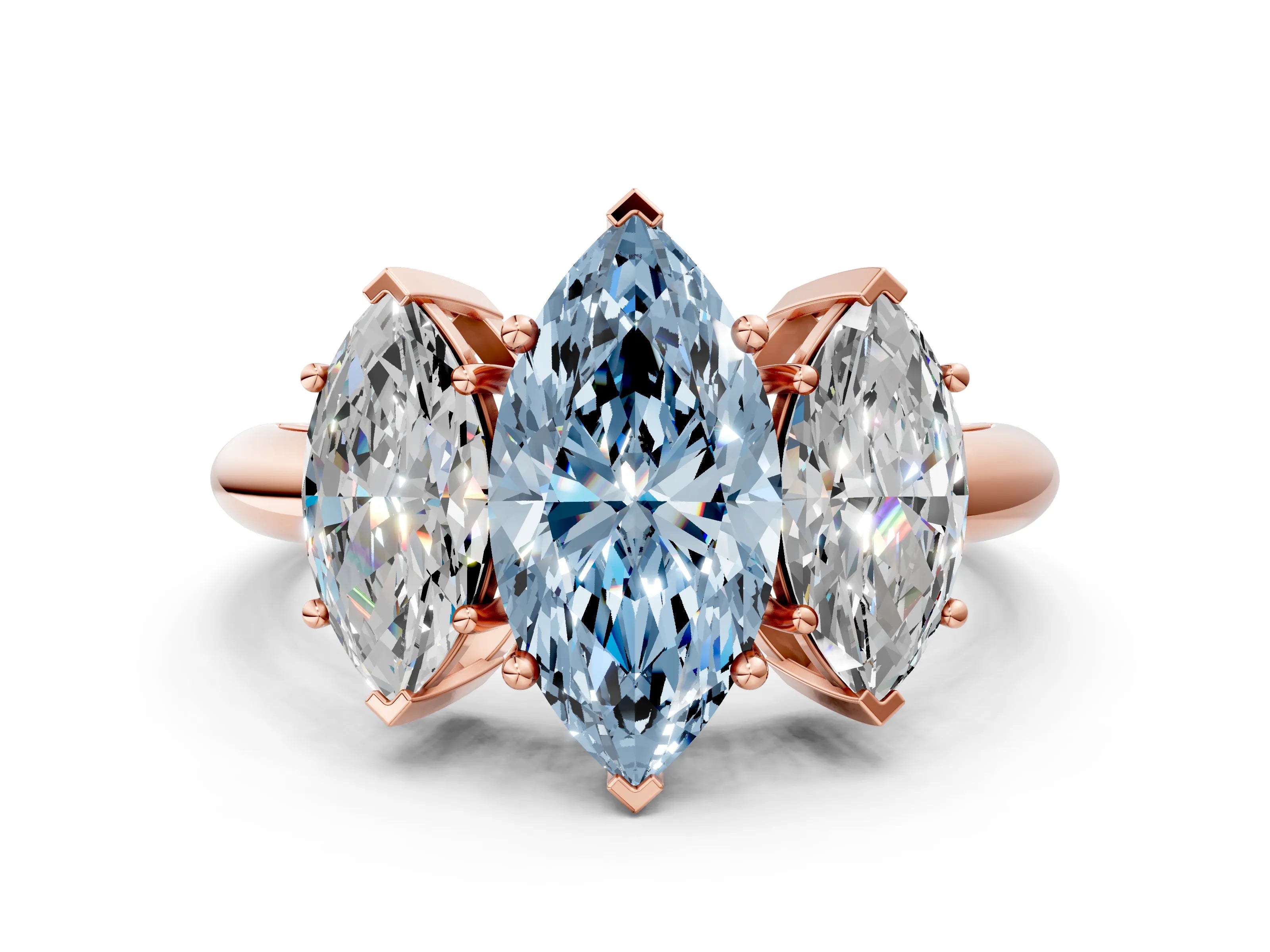 Rose gold Three-Stone Fancy Blue Marquise Cut Cut Diamond Engagement Ring with Prong Setting on a White Gold Band