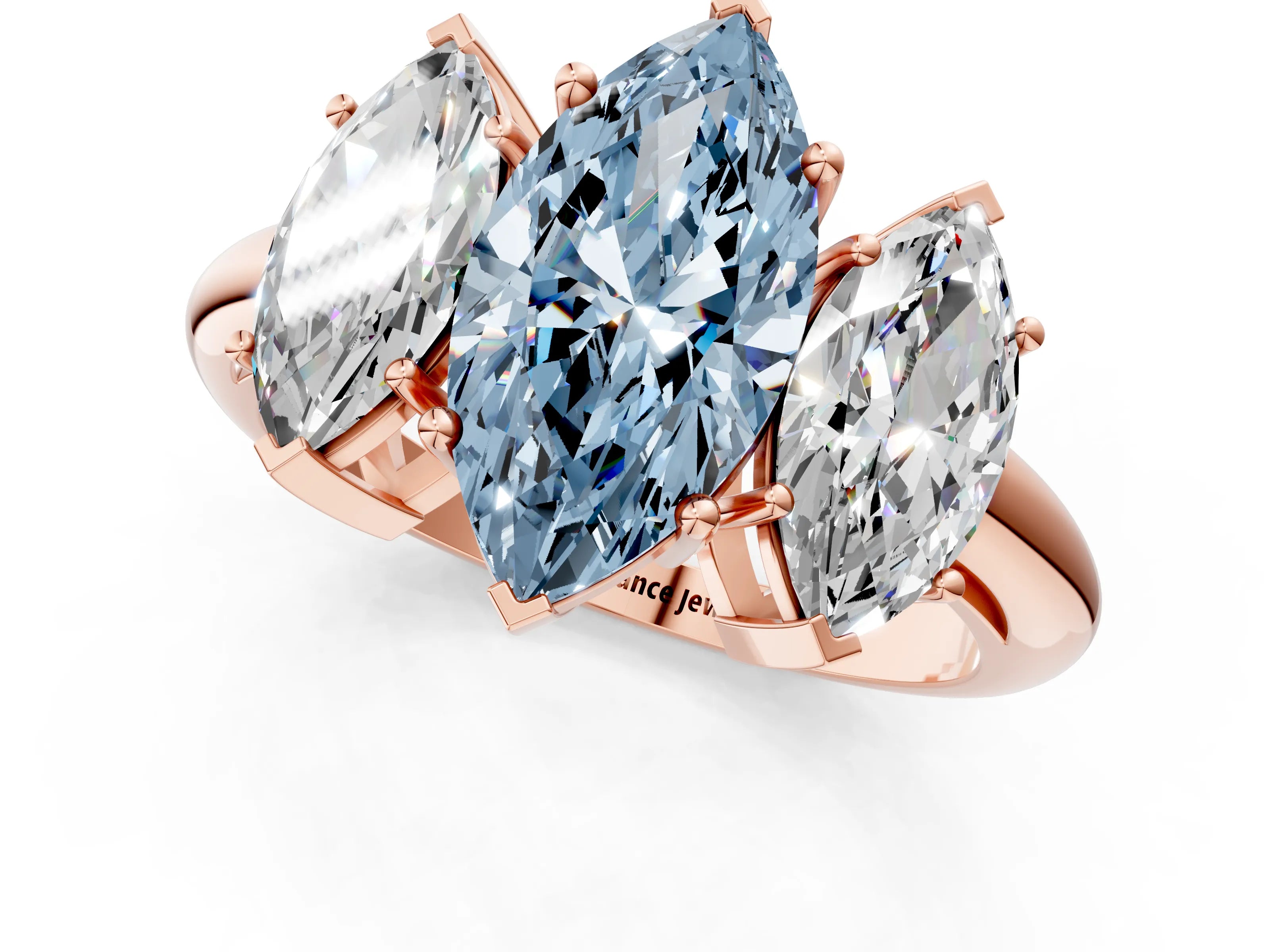 Rose gold Three-Stone Fancy Blue Marquise Cut Cut Diamond Engagement Ring with Prong Setting on a White Gold Band_1