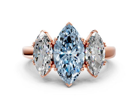 Rose gold Three-Stone Fancy Blue Marquise Cut Cut Diamond Ring with Channel Set Band and Four-Prong Setting