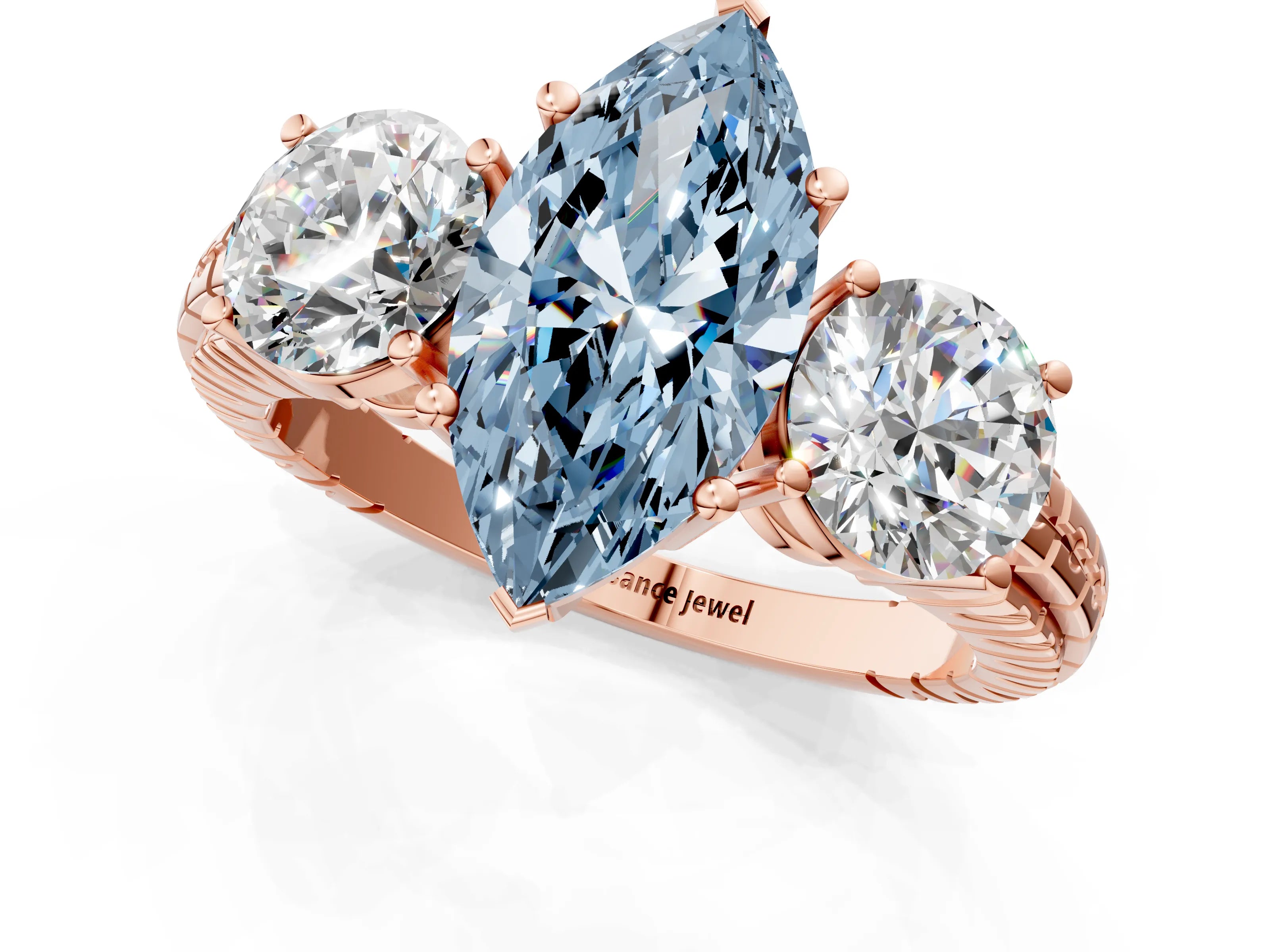 Rose gold Three-Stone Fancy Blue Marquise Cut Cut Diamond Ring with Channel-Set Band and Prong Setting_1