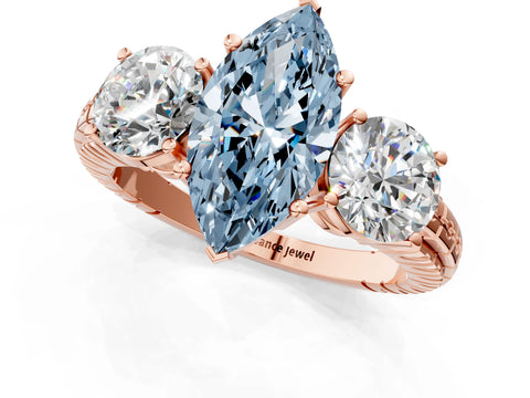 Rose gold Three-Stone Fancy Blue Marquise Cut Cut Diamond Ring with Channel-Set Band and Prong Setting_1