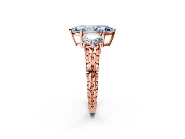 Rose Gold Marquise Three-Stone Engagement Ring Setting for Fancy Blue Center with Engraved Band