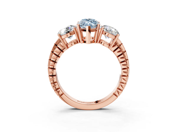 Rose Gold Marquise Three-Stone Engagement Ring Setting for Fancy Blue Center with Engraved Band