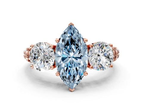 Rose gold Three-Stone Fancy Blue Marquise Cut Cut Diamond Ring with Channel-Set Band and Prong Setting