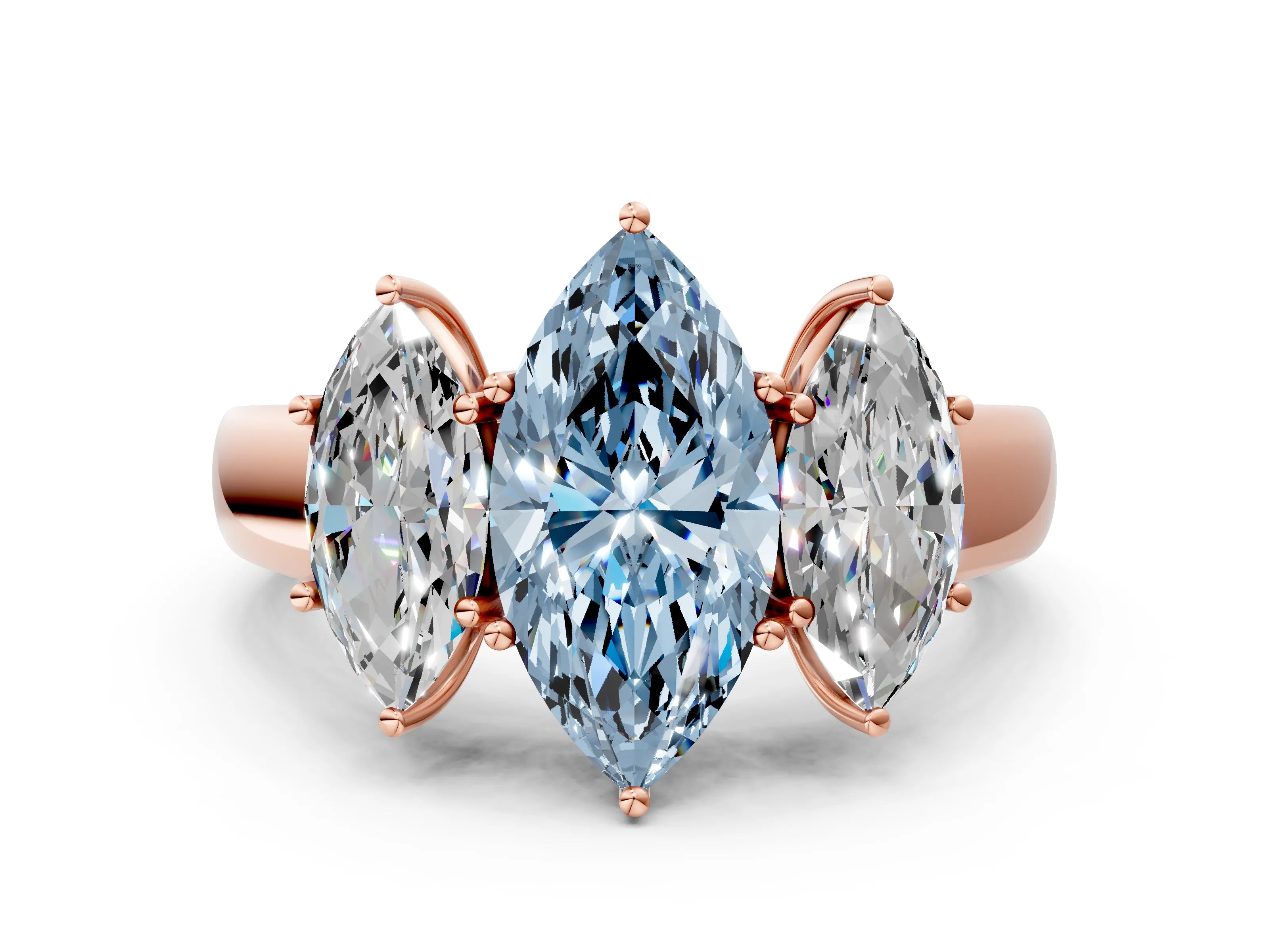 Rose gold Three-Stone Fancy Blue Marquise Cut Cut Diamond Ring with Prong Setting and Classic Band