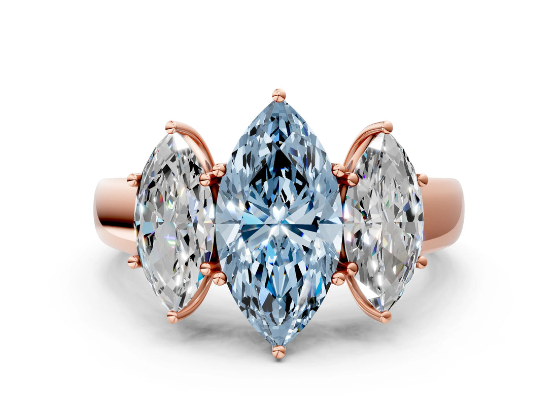 Rose gold Three-Stone Fancy Blue Marquise Cut Cut Diamond Ring with Prong Setting and Classic Band