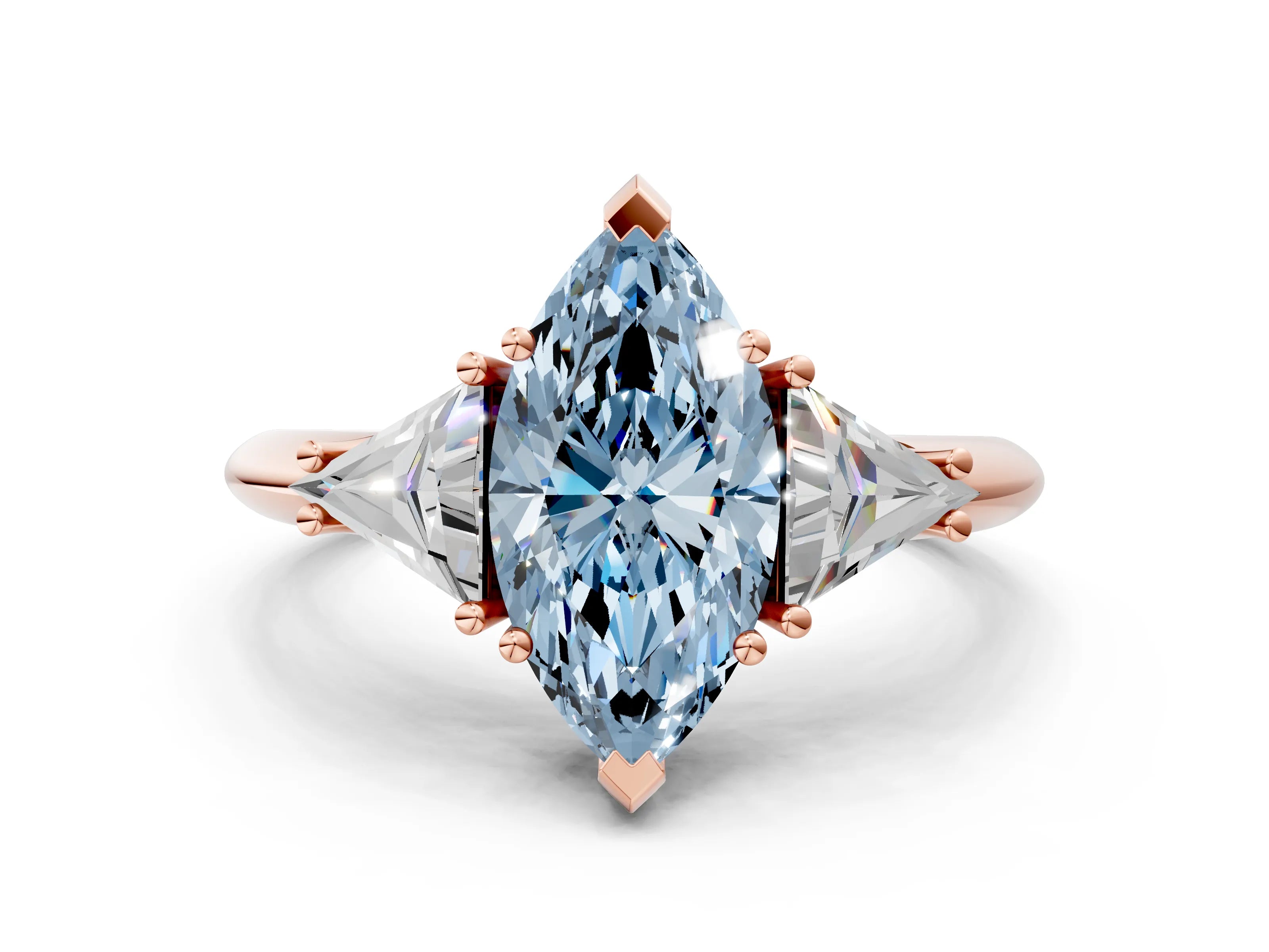 Rose gold Three-Stone Fancy Blue Marquise Cut Cut Diamond Ring with Trillion Side Stones and Four-Prong Setting_3