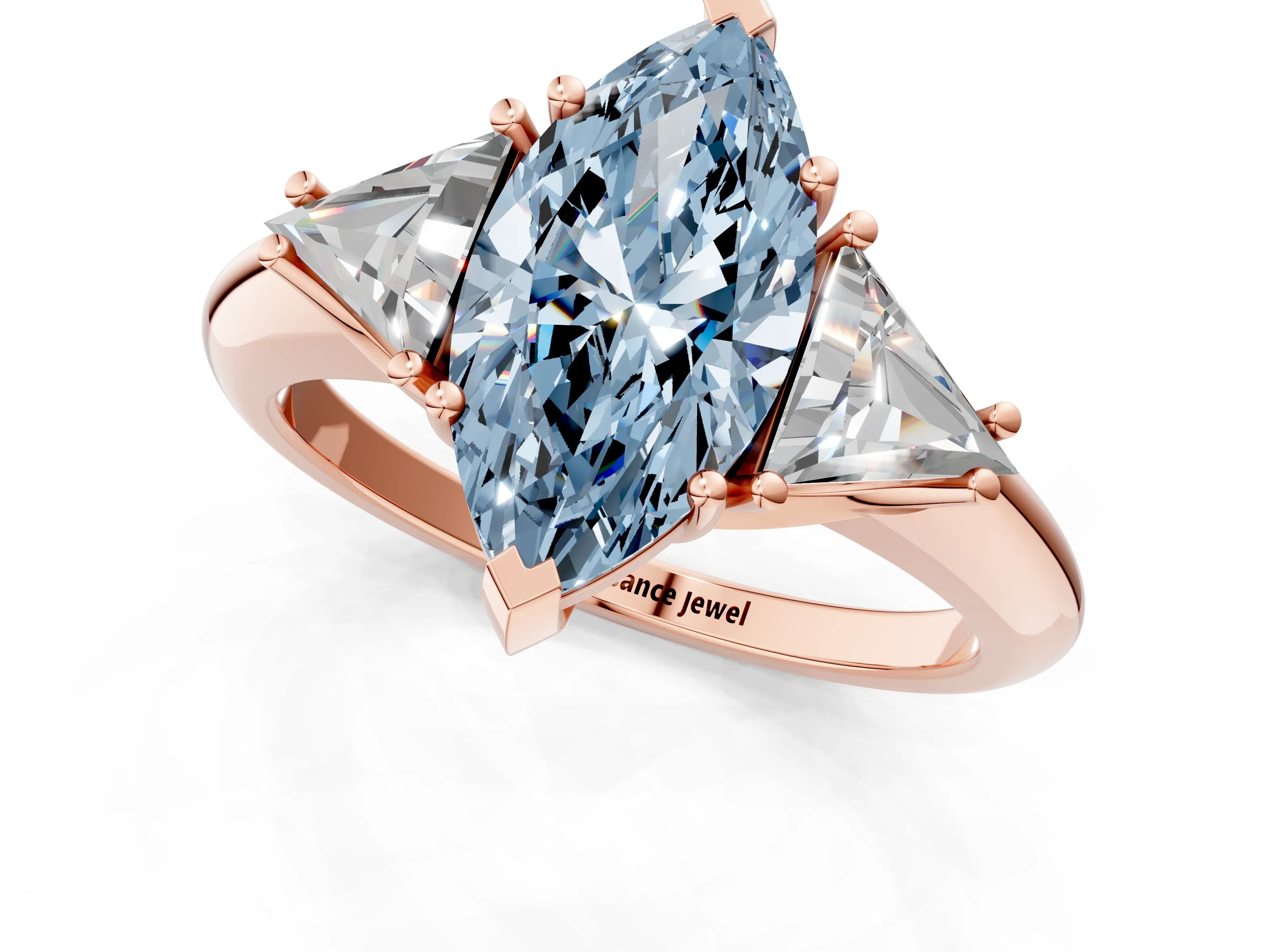 Rose gold Three-Stone Fancy Blue Marquise Cut Cut Diamond Ring with Trillion Side Stones and Four-Prong Setting_4