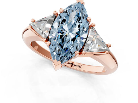 Rose gold Three-Stone Fancy Blue Marquise Cut Cut Diamond Ring with Trillion Side Stones and Four-Prong Setting_4