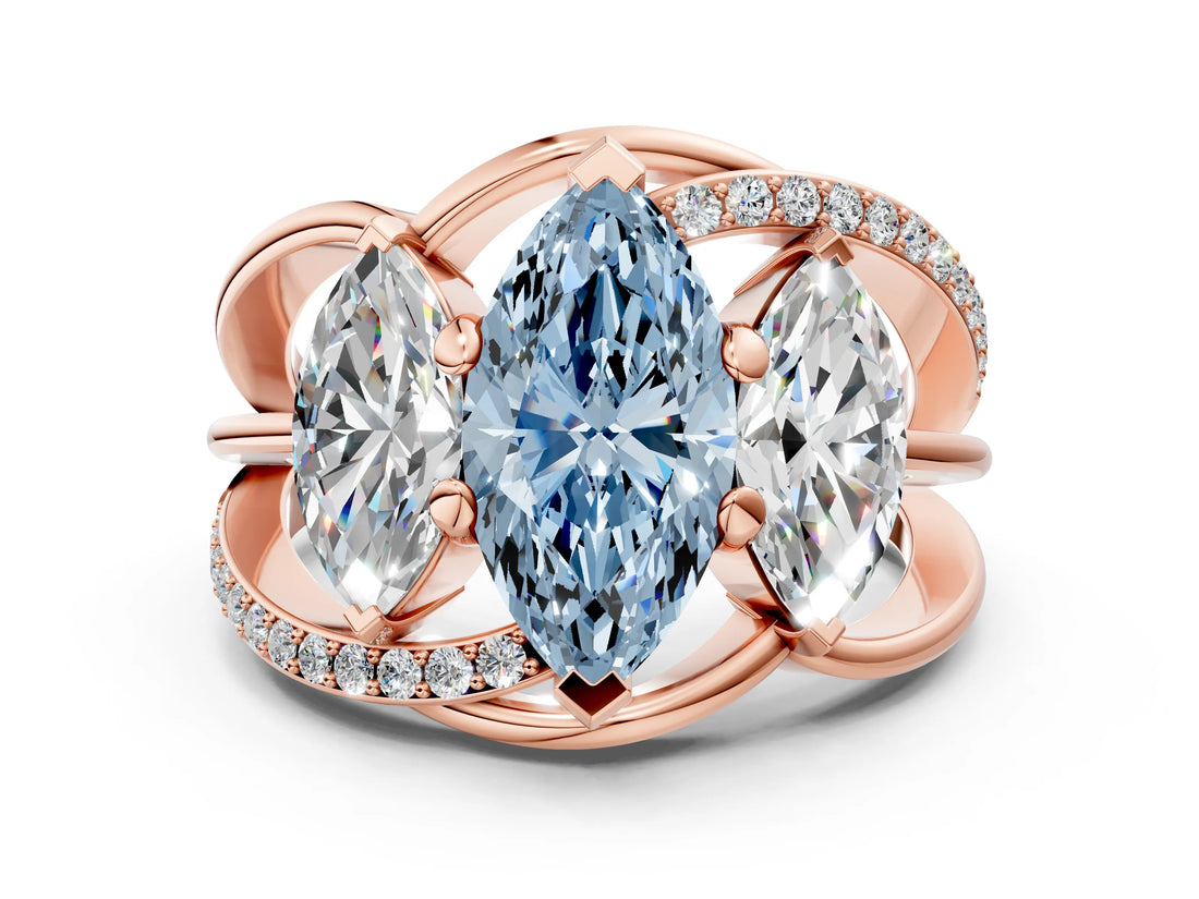 Rose gold Three-Stone Fancy Blue Marquise Cut Cut Diamond Split Shank Prong Set Ring