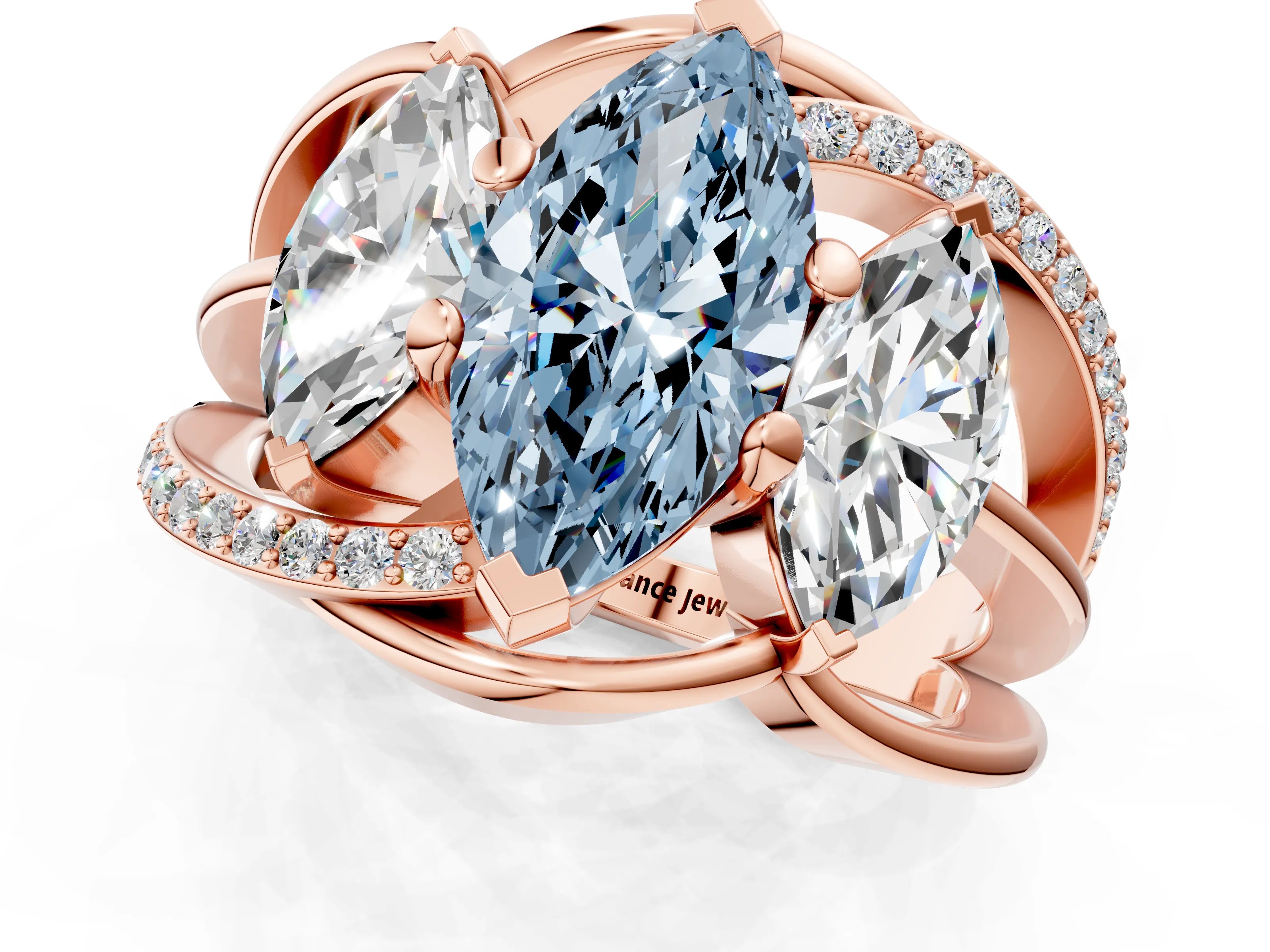 Rose gold Three-Stone Fancy Blue Marquise Cut Cut Diamond Split Shank Prong Set Ring_1