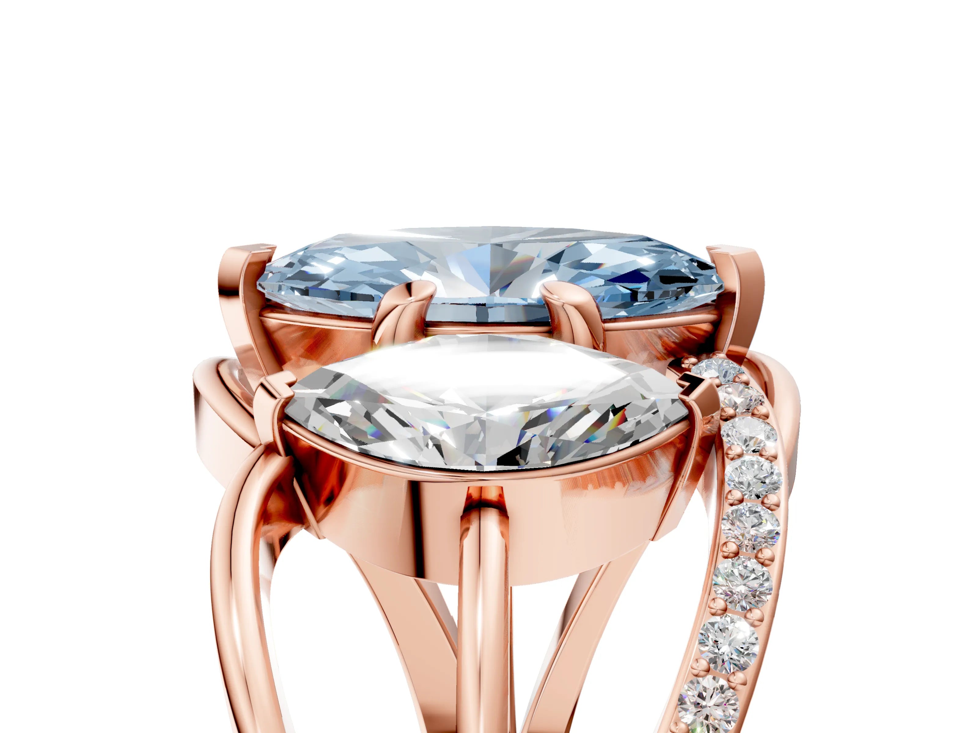 Rose gold Three-Stone Fancy Blue Marquise Cut Cut Diamond Split Shank Prong Set Ring_5