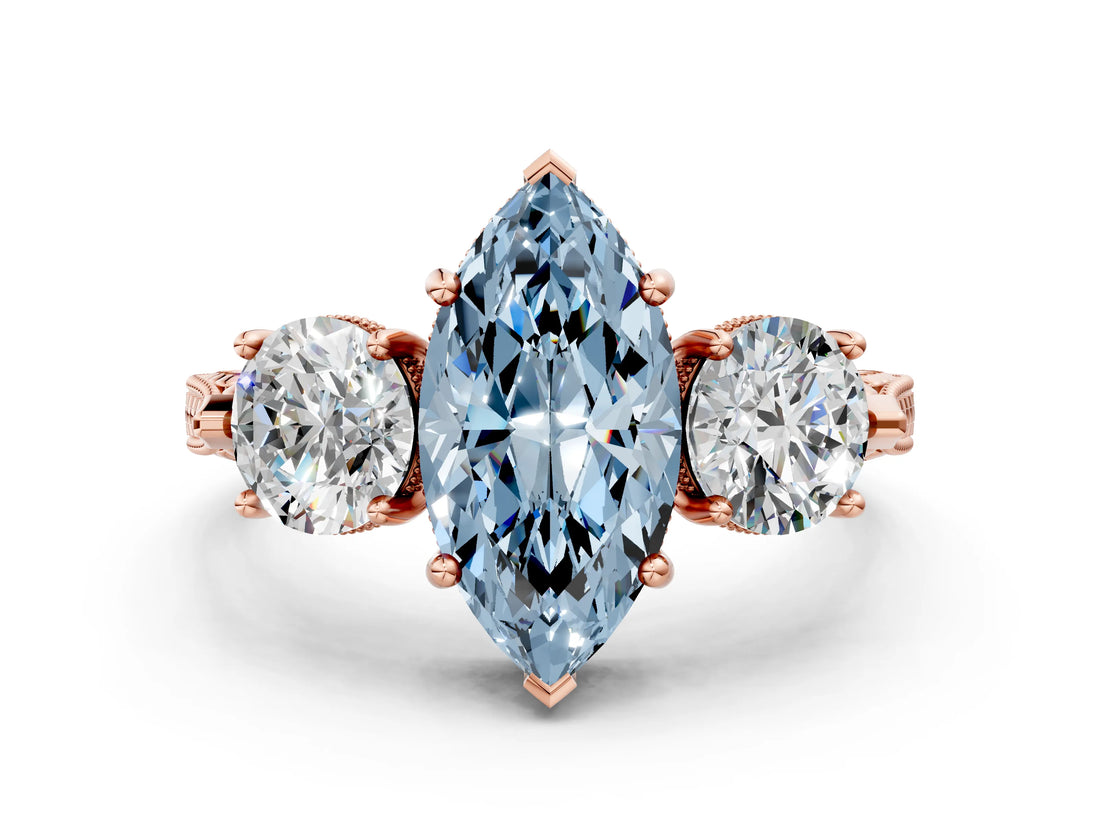 Rose gold Three-Stone Fancy Blue Marquise Cut Cut Milgrain Band Prong Setting Ring