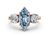 Rose gold Three-Stone Fancy Blue Marquise Cut Cut Milgrain Band Prong Setting Ring