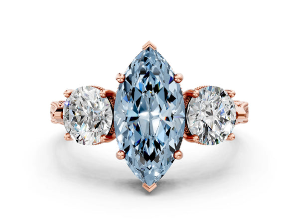 Rose Gold Marquise Vintage Three Stone Engagement Ring Setting for Fancy Blue Center