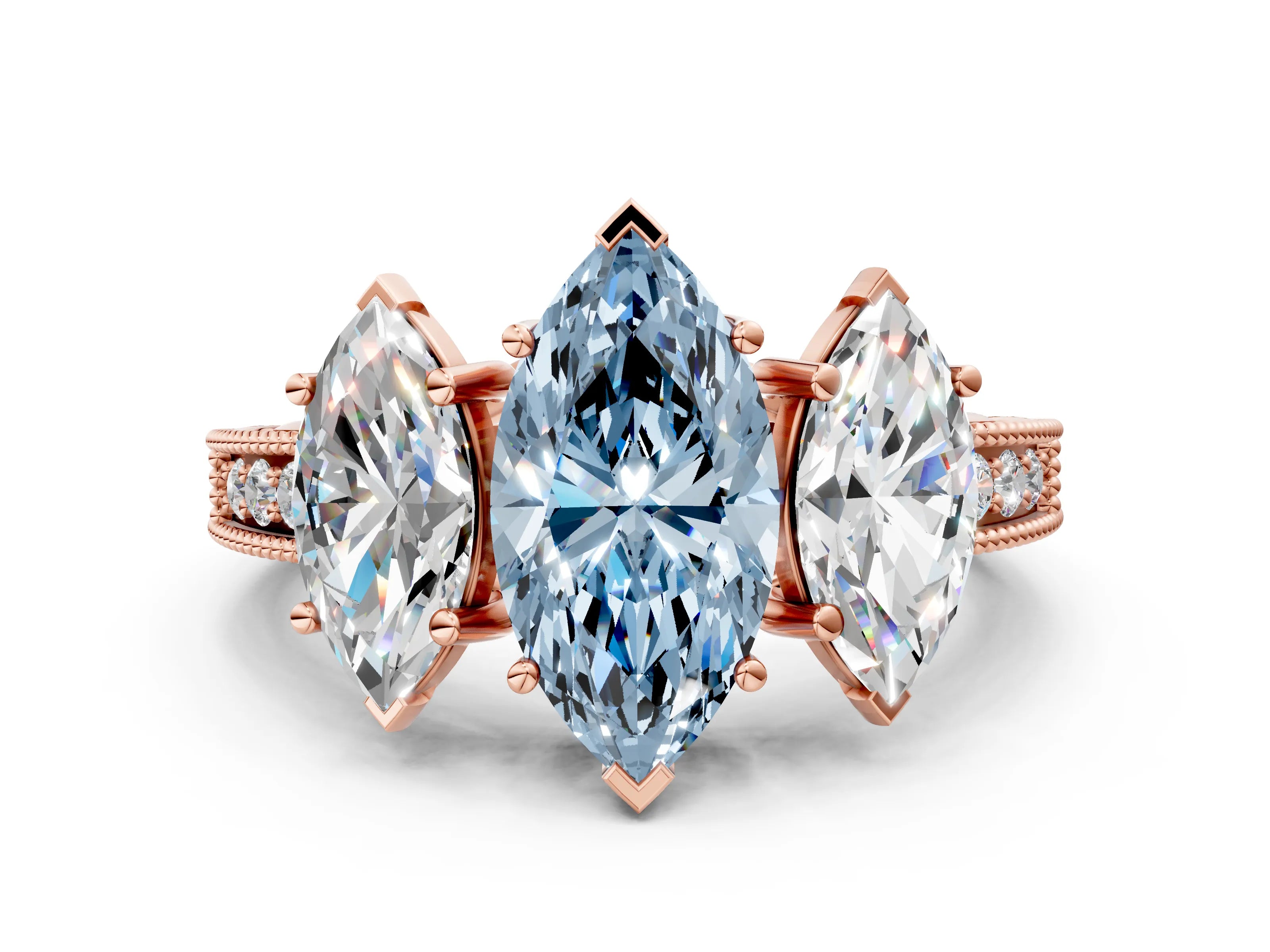 Rose gold Three-Stone Fancy Blue Marquise Cut Cut Milgrain Pavé Engagement Ring