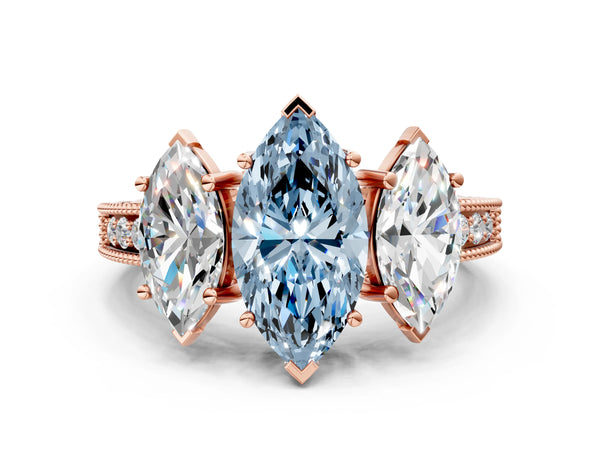 Rose Gold Marquise Engraved Three Stone Engagement Ring Setting for Fancy Blue Center
