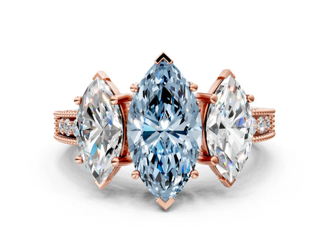 Rose gold Three-Stone Fancy Blue Marquise Cut Cut Milgrain Pavé Engagement Ring_12