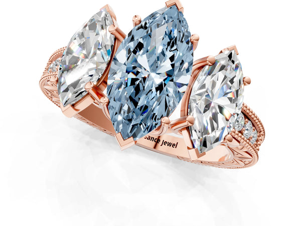 Rose Gold Marquise Engraved Three Stone Engagement Ring Setting for Fancy Blue Center