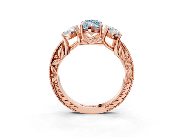 Rose Gold Marquise Engraved Three Stone Engagement Ring Setting for Fancy Blue Center
