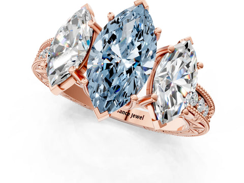 Rose gold Three-Stone Fancy Blue Marquise Cut Cut Milgrain Pavé Engagement Ring_1