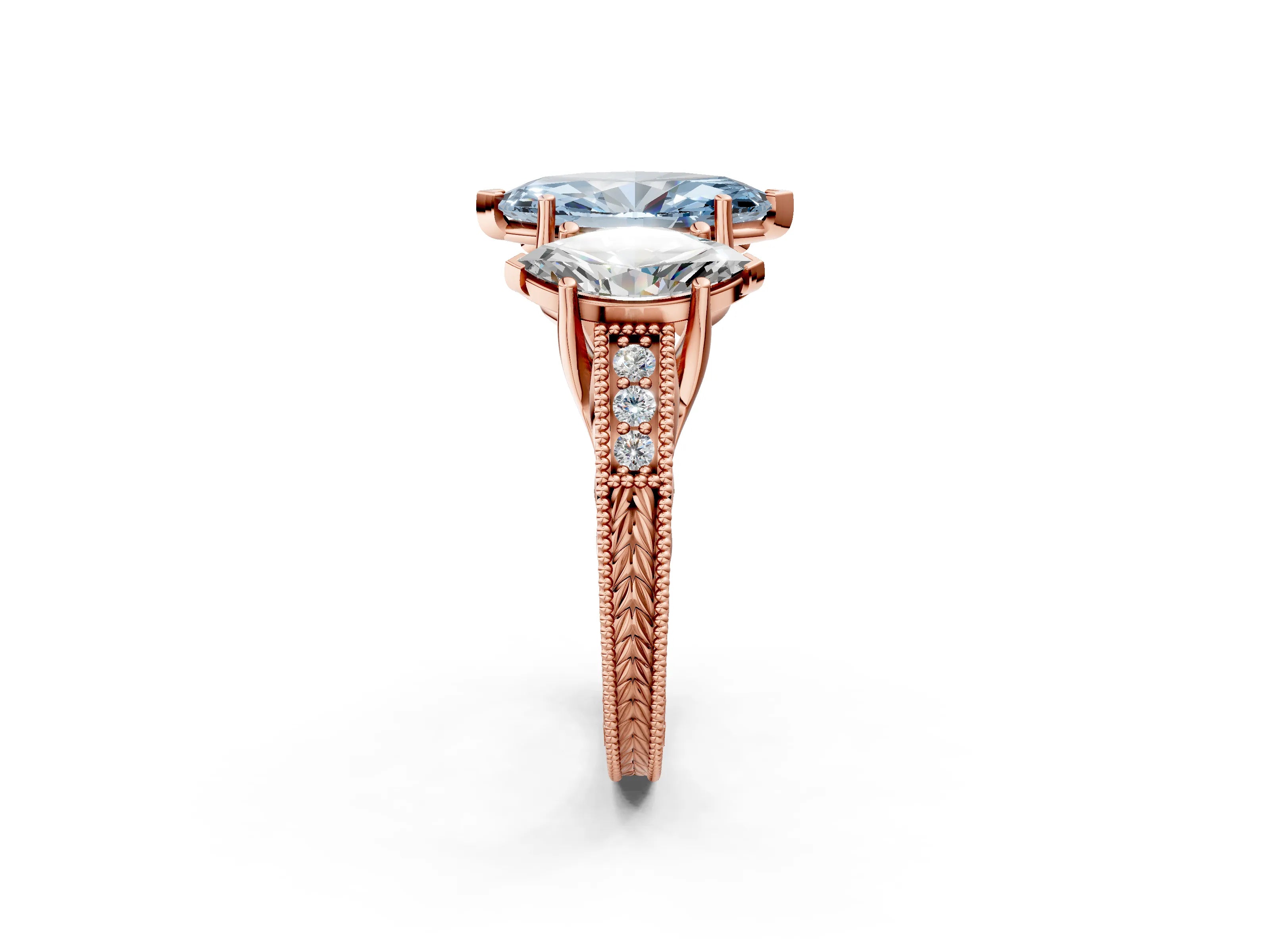 Rose gold Three-Stone Fancy Blue Marquise Cut Cut Milgrain Pavé Engagement Ring_2