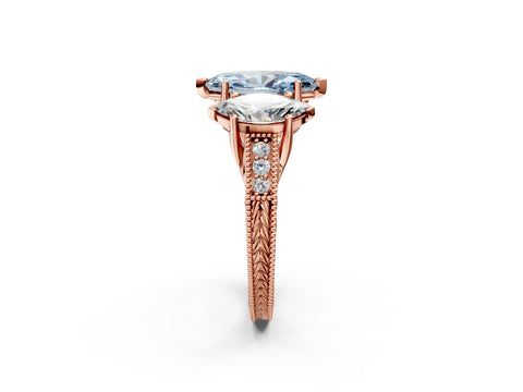 Rose gold Three-Stone Fancy Blue Marquise Cut Cut Milgrain Pavé Engagement Ring_2