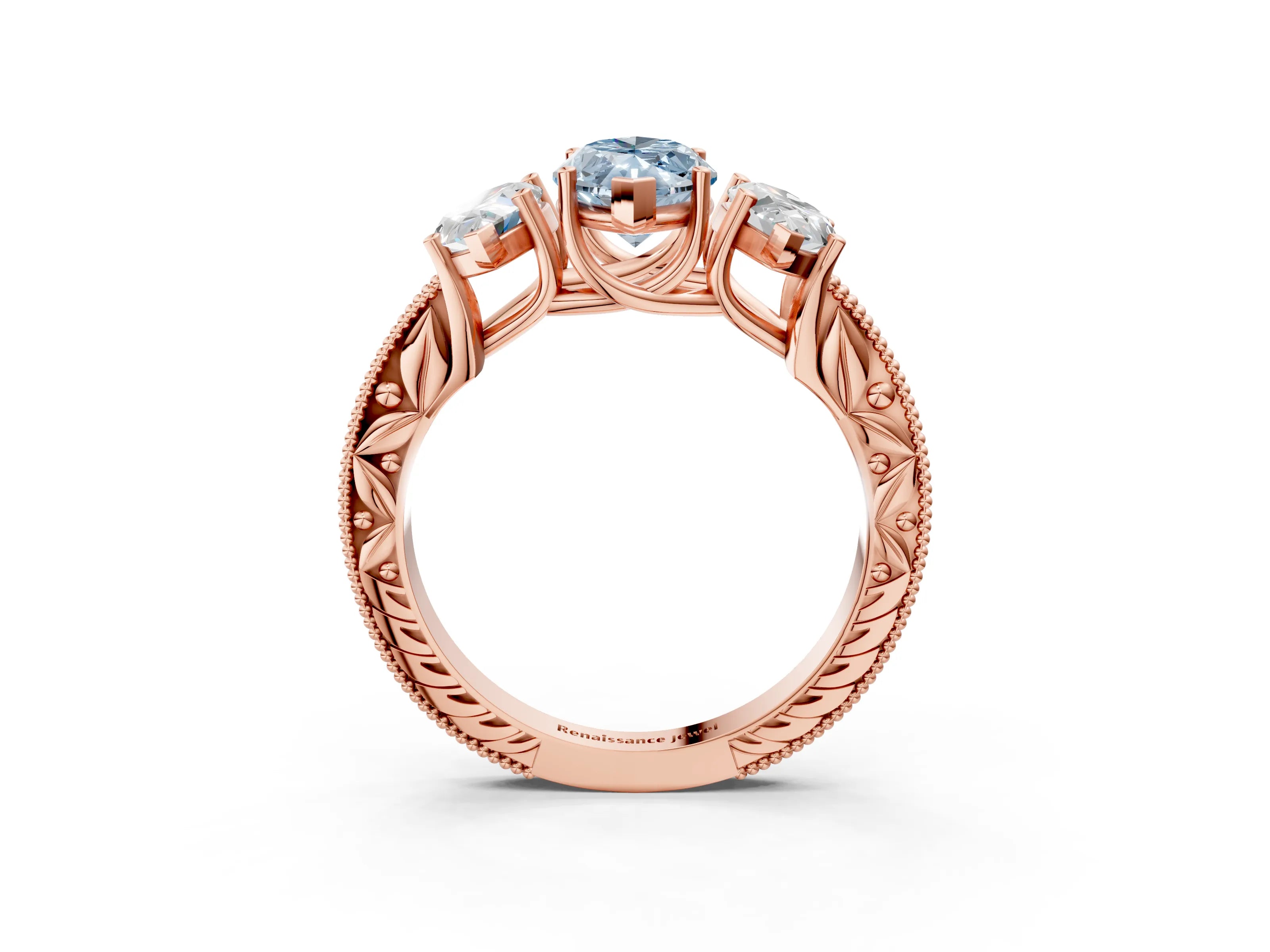 Rose gold Three-Stone Fancy Blue Marquise Cut Cut Milgrain Pavé Engagement Ring_3
