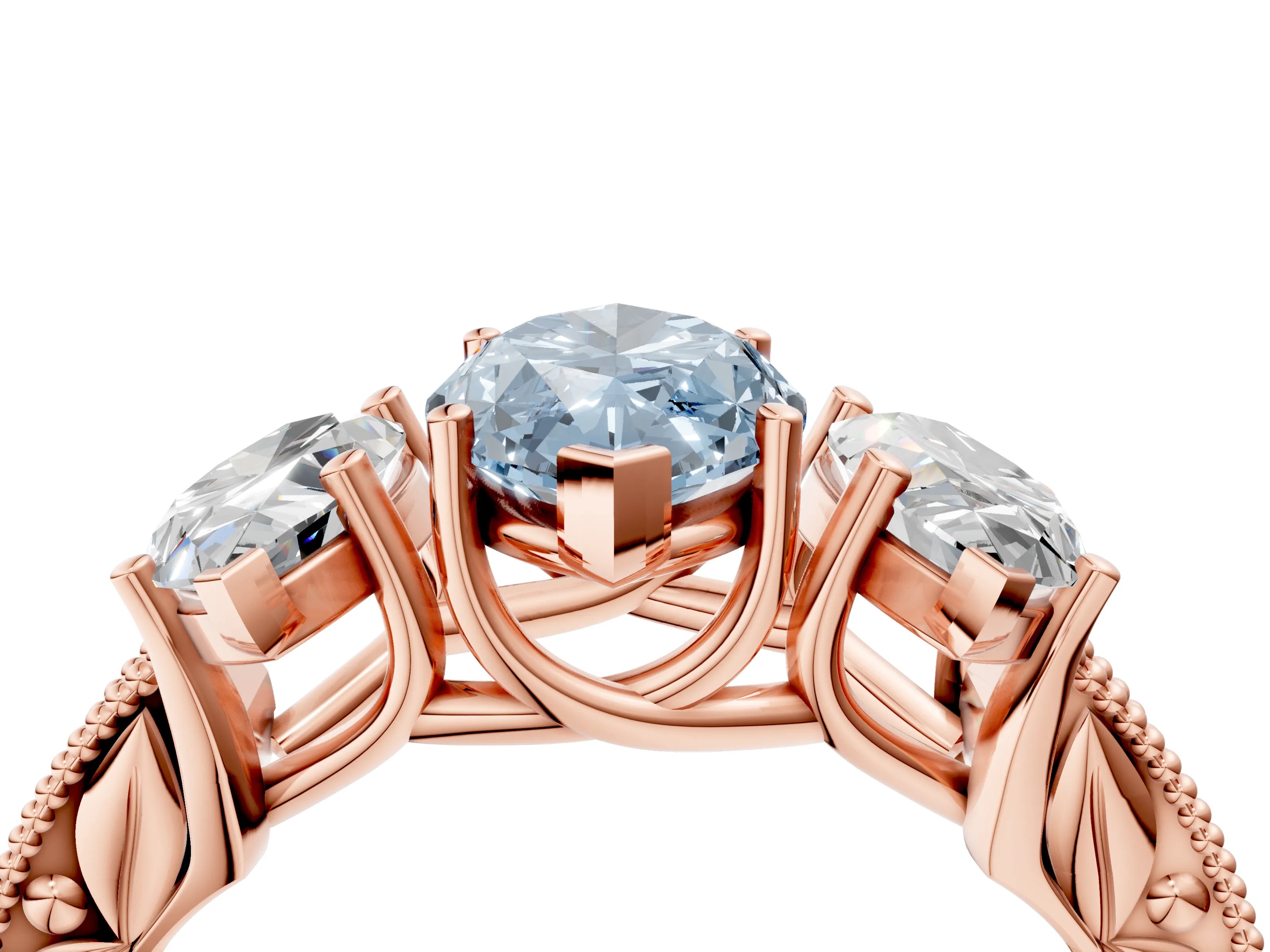 Rose gold Three-Stone Fancy Blue Marquise Cut Cut Milgrain Pavé Engagement Ring_4