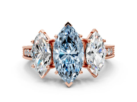 Rose gold Three-Stone Fancy Blue Marquise Cut Cut Milgrain Pavé Engagement Ring