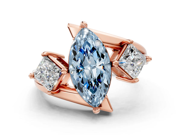 Rose gold Three-Stone Fancy Blue Marquise Cut Cut Tension Band Ring with Four-Prong Setting