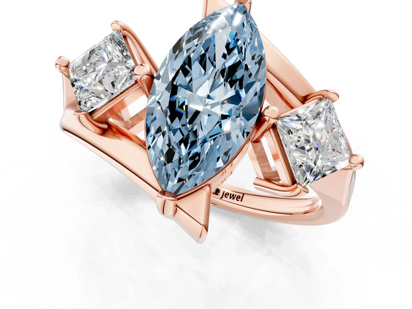 Rose gold Three-Stone Fancy Blue Marquise Cut Cut Tension Band Ring with Four-Prong Setting