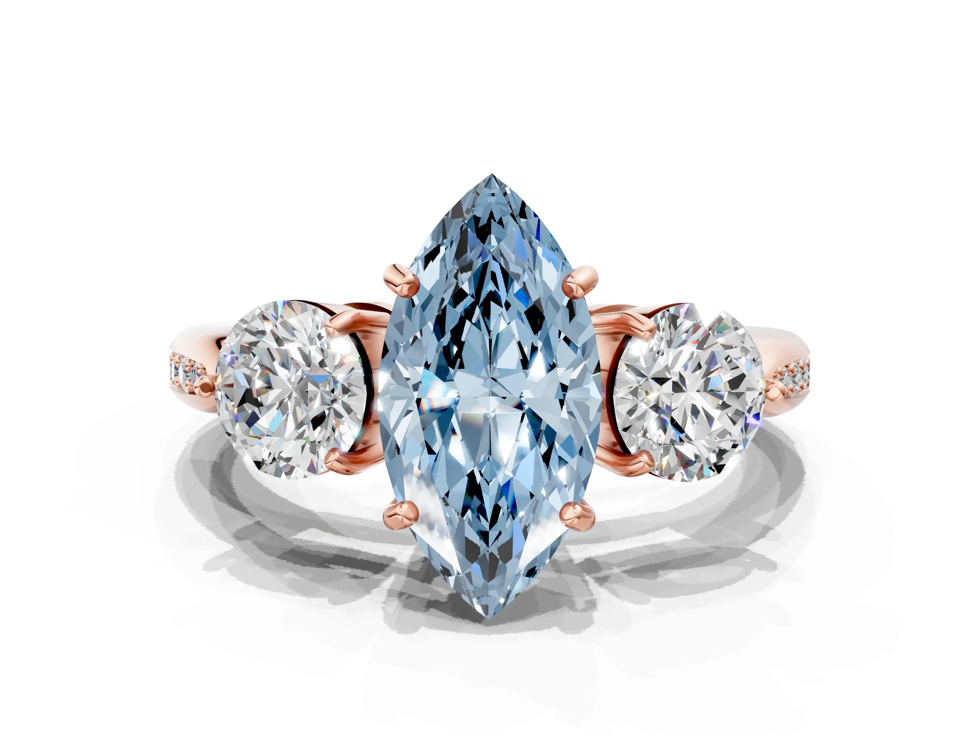 Rose gold Three-Stone Fancy Blue Marquise Cut Diamond Channel Set Engagement Ring with Prong Setting