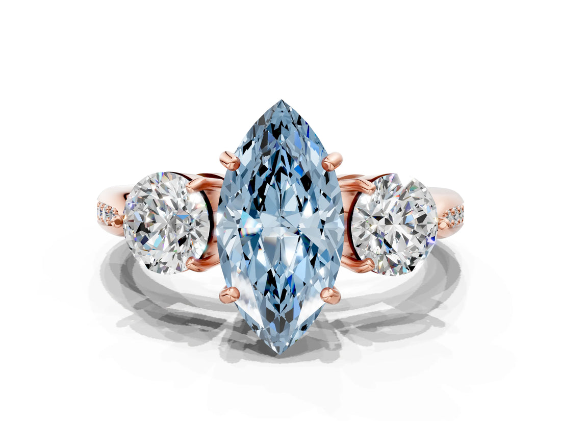 Rose gold Three-Stone Fancy Blue Marquise Cut Diamond Channel Set Engagement Ring with Prong Setting