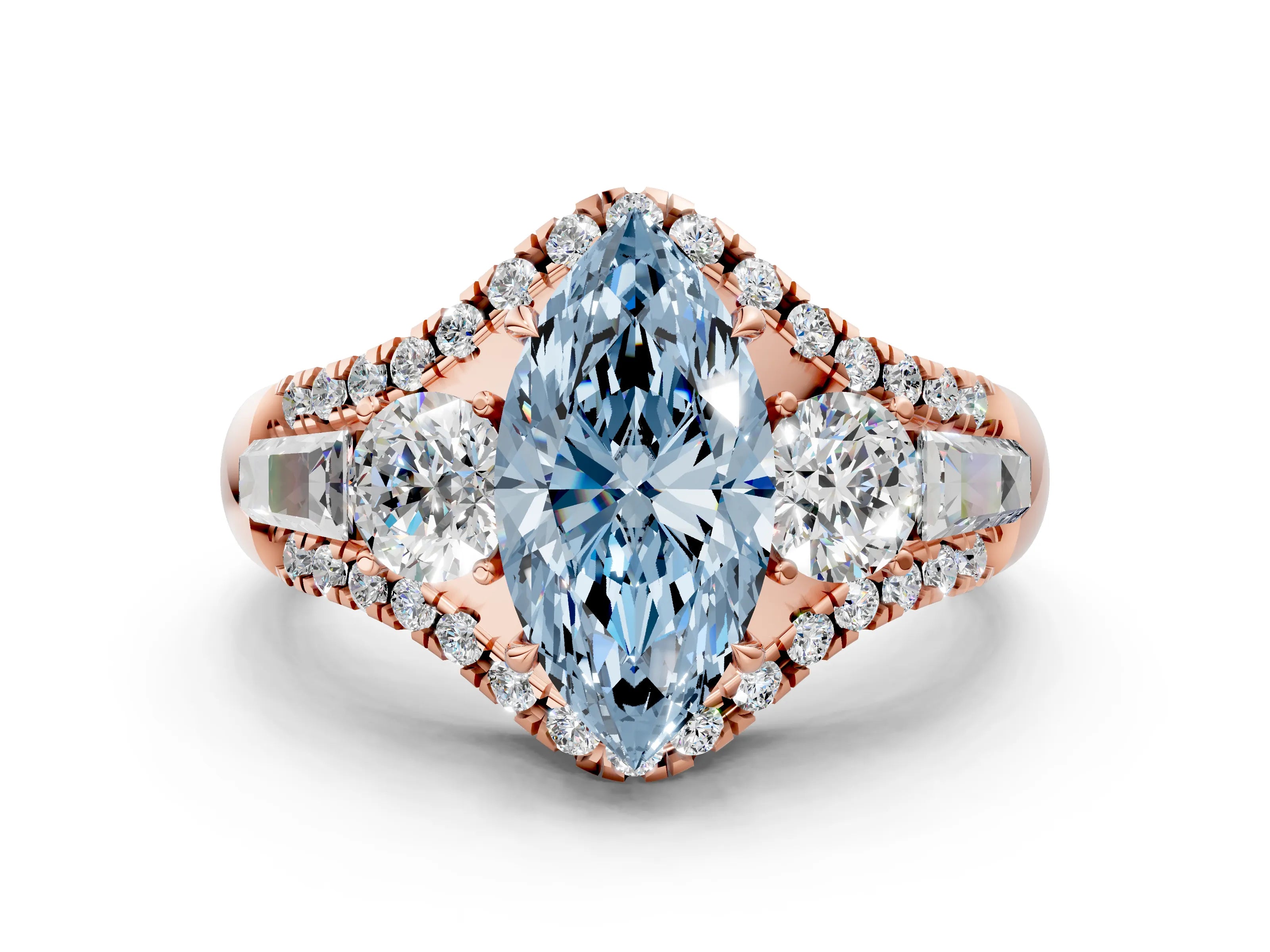 Rose gold Three-Stone Fancy Blue Marquise Cut Diamond Engagement Ring with Pave Band and Prong Setting