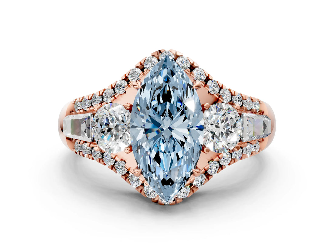 Rose gold Three-Stone Fancy Blue Marquise Cut Diamond Engagement Ring with Pave Band and Prong Setting