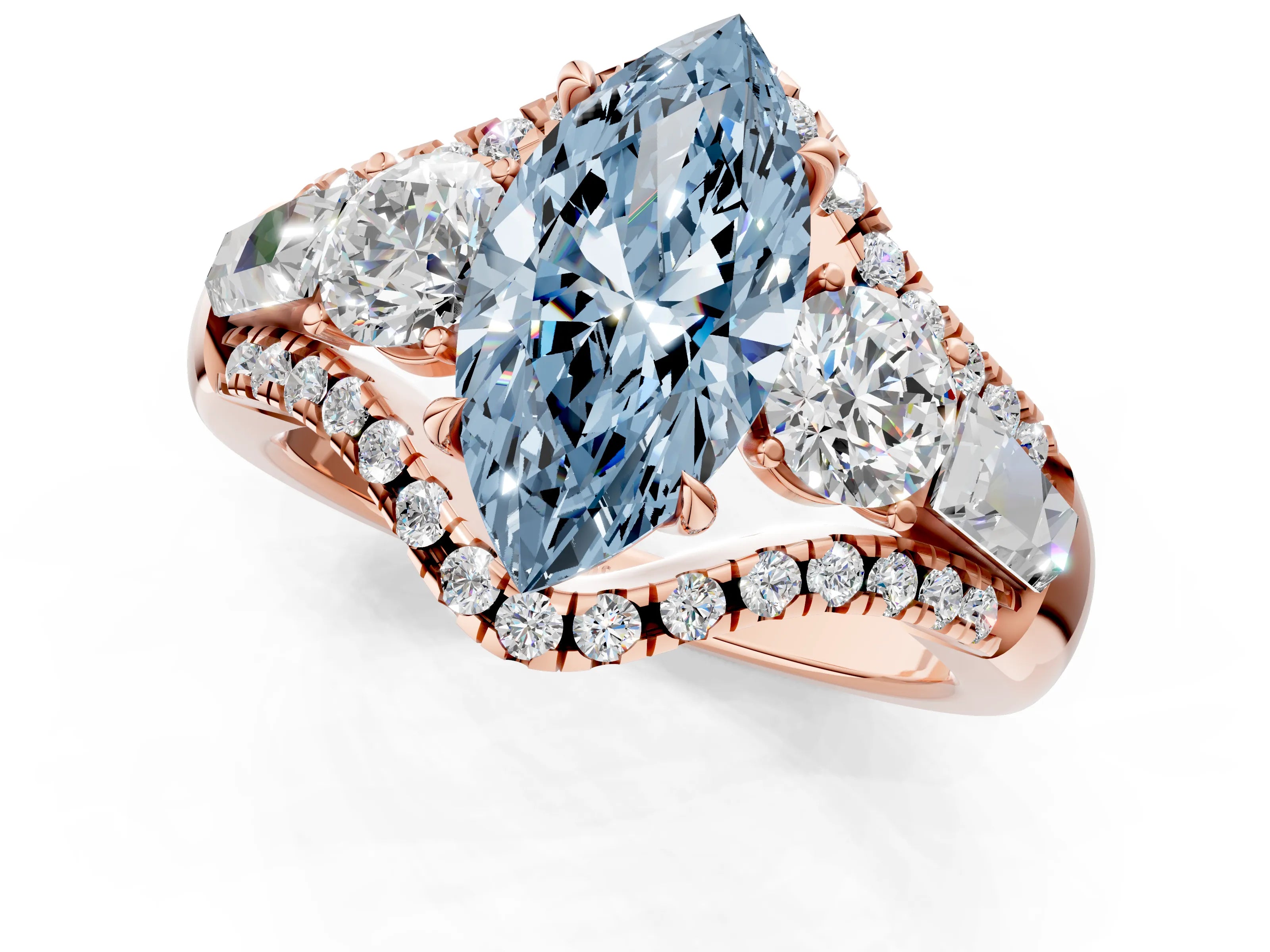 Rose gold Three-Stone Fancy Blue Marquise Cut Diamond Engagement Ring with Pave Band and Prong Setting_1