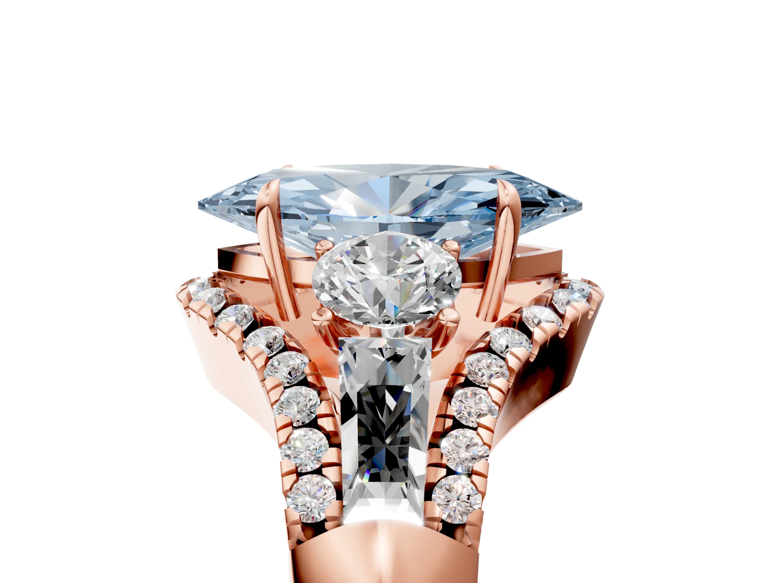 Rose gold Three-Stone Fancy Blue Marquise Cut Diamond Engagement Ring with Pave Band and Prong Setting_5